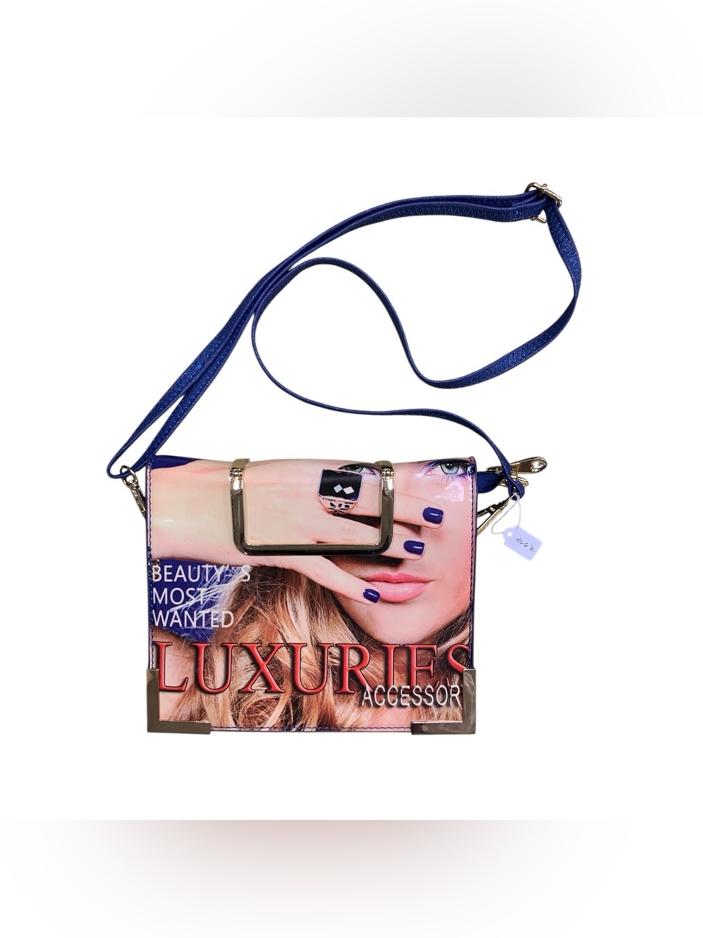 Blue Graphic Crossbody Bag with 'Luxuries' Print